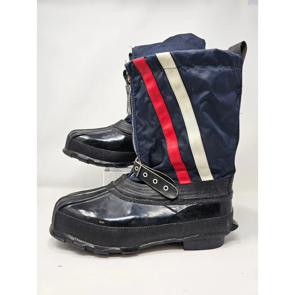 Mens Navy Blue Winter‎ Snow Boots Size 8 Rubber Lower Nylon Upper Stripe Accents